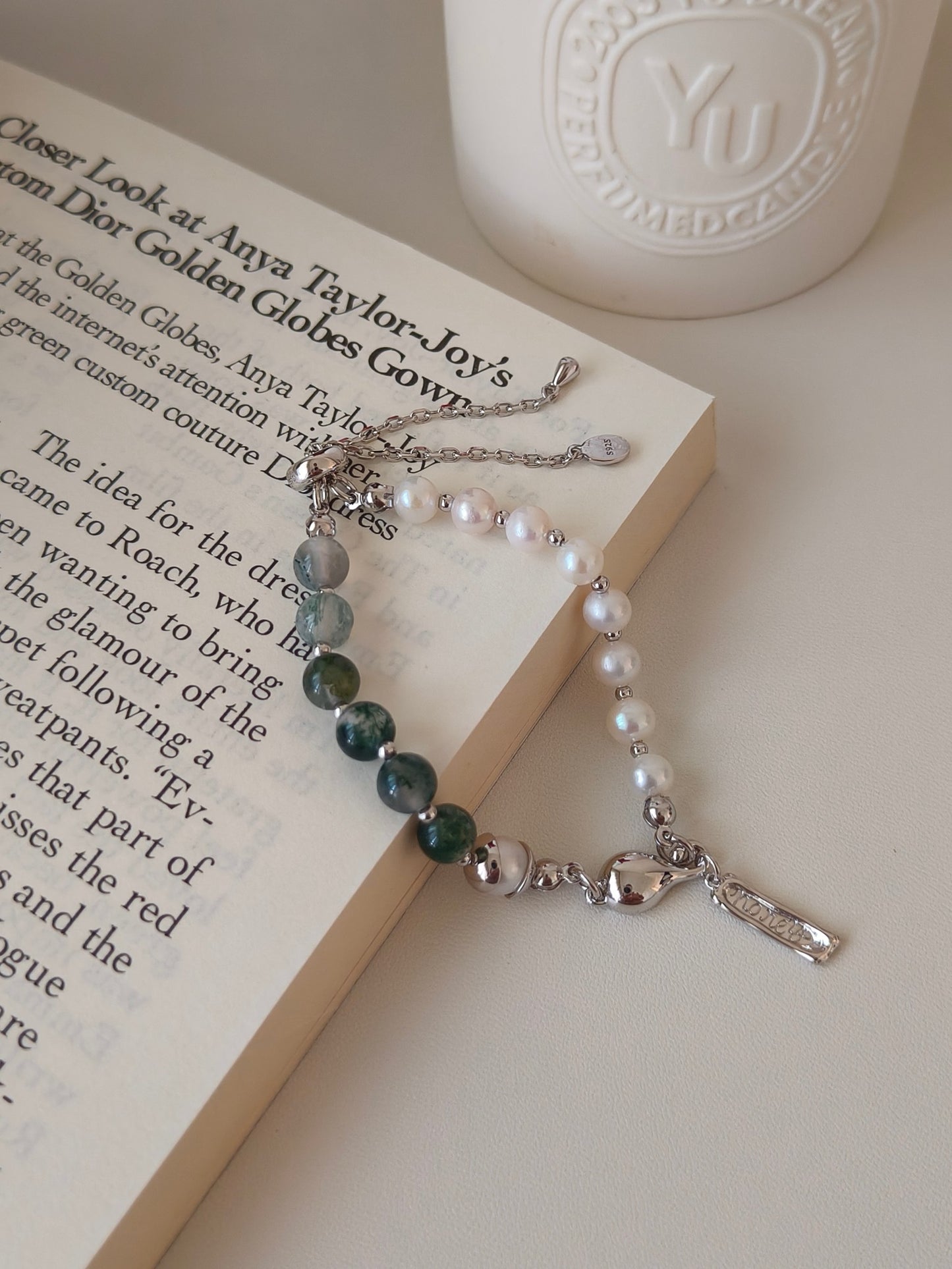 S925 Sterling Silver Plated with Platinum｜Natural freshwater pearls｜Aquatic agate Bracelet