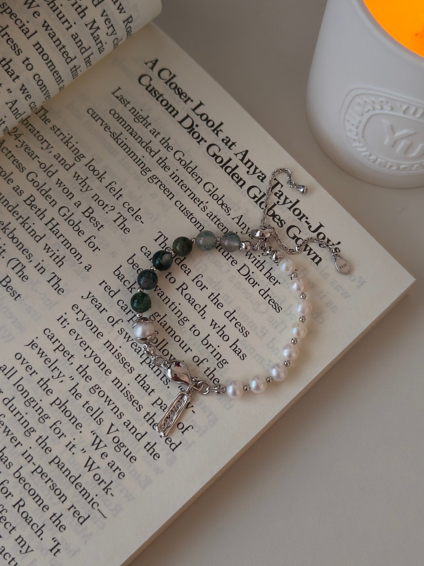 S925 Sterling Silver Plated with Platinum｜Natural freshwater pearls｜Aquatic agate Bracelet