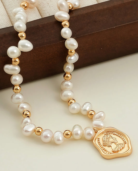 Baroque Pearl Necklace with Gold Coin Pendant