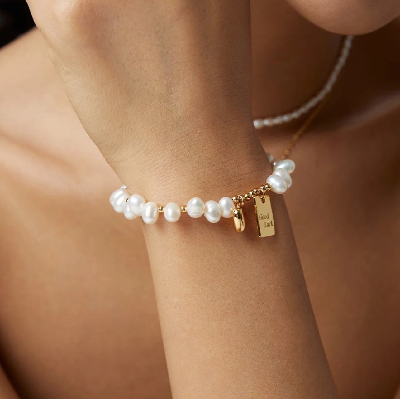 Golden Charm Freshwater Pearl Bracelet – Good Luck Edition