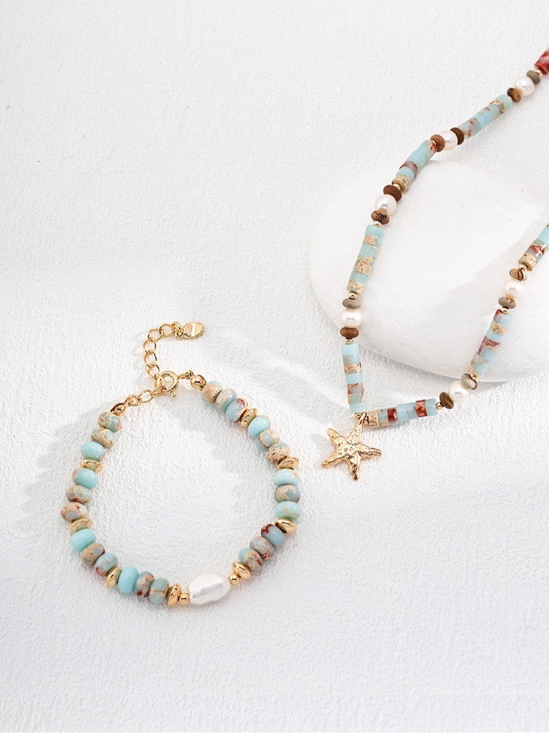 Natural Pearl With Mountain Serenity Stone Bracelet and Necklace