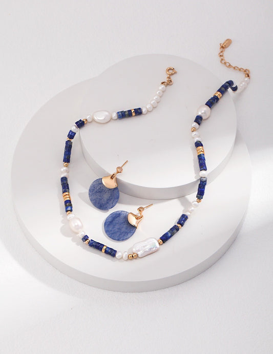 Ocean Breeze Pearl & Lapis Set (Necklace+Earrings+Bracelet)