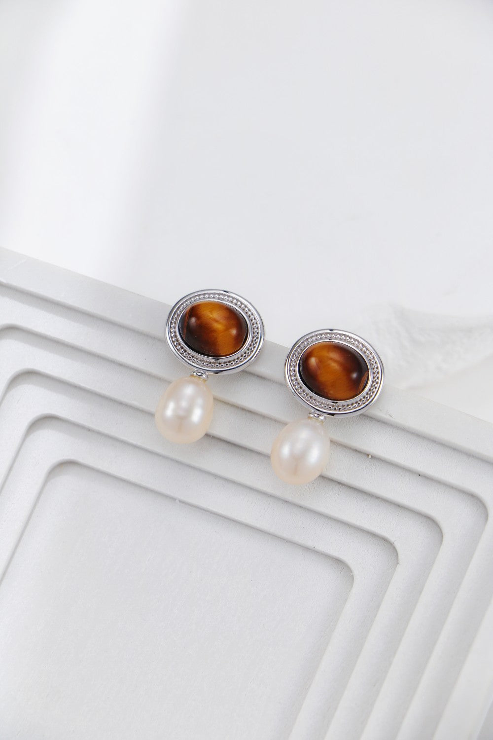 S925 Silver Tiger Eye Stone Pearl Earrings（2 colors）