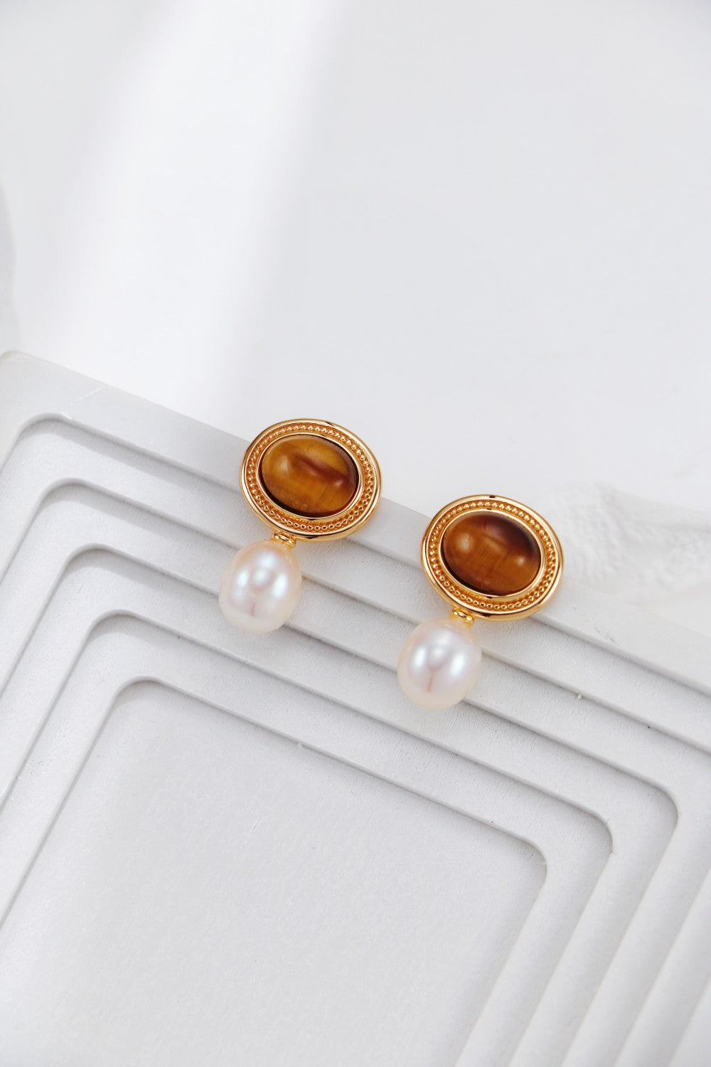 S925 Silver Tiger Eye Stone Pearl Earrings（2 colors）