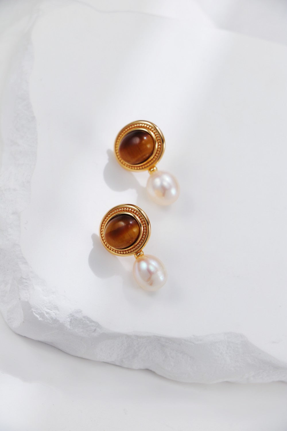 S925 Silver Tiger Eye Stone Pearl Earrings（2 colors）