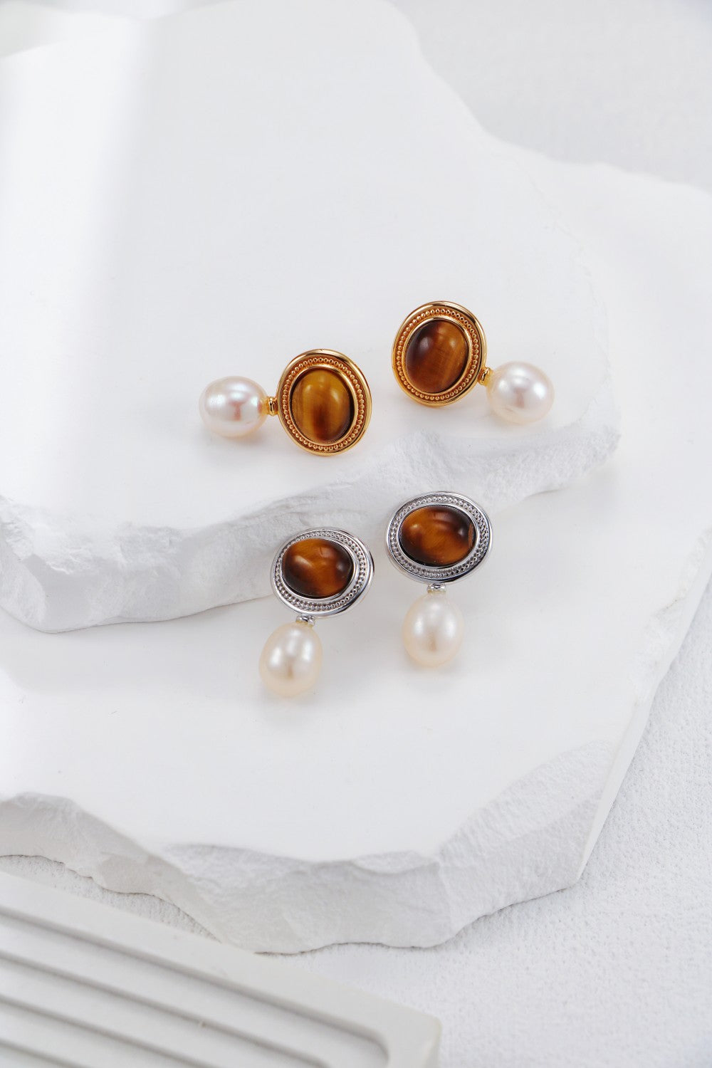 S925 Silver Tiger Eye Stone Pearl Earrings（2 colors）