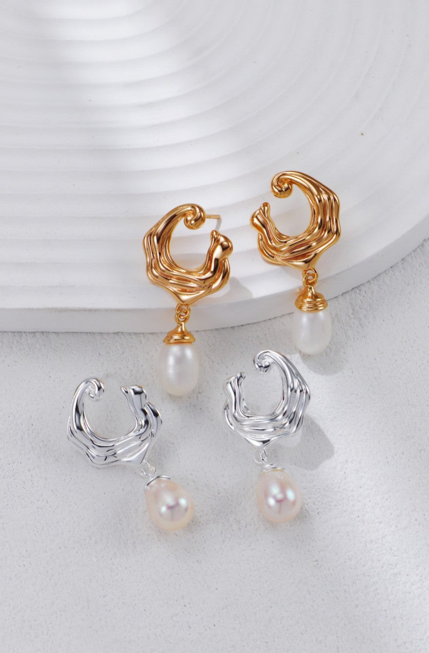 S925 Silver Wave Pearl Earrings（2 colors）