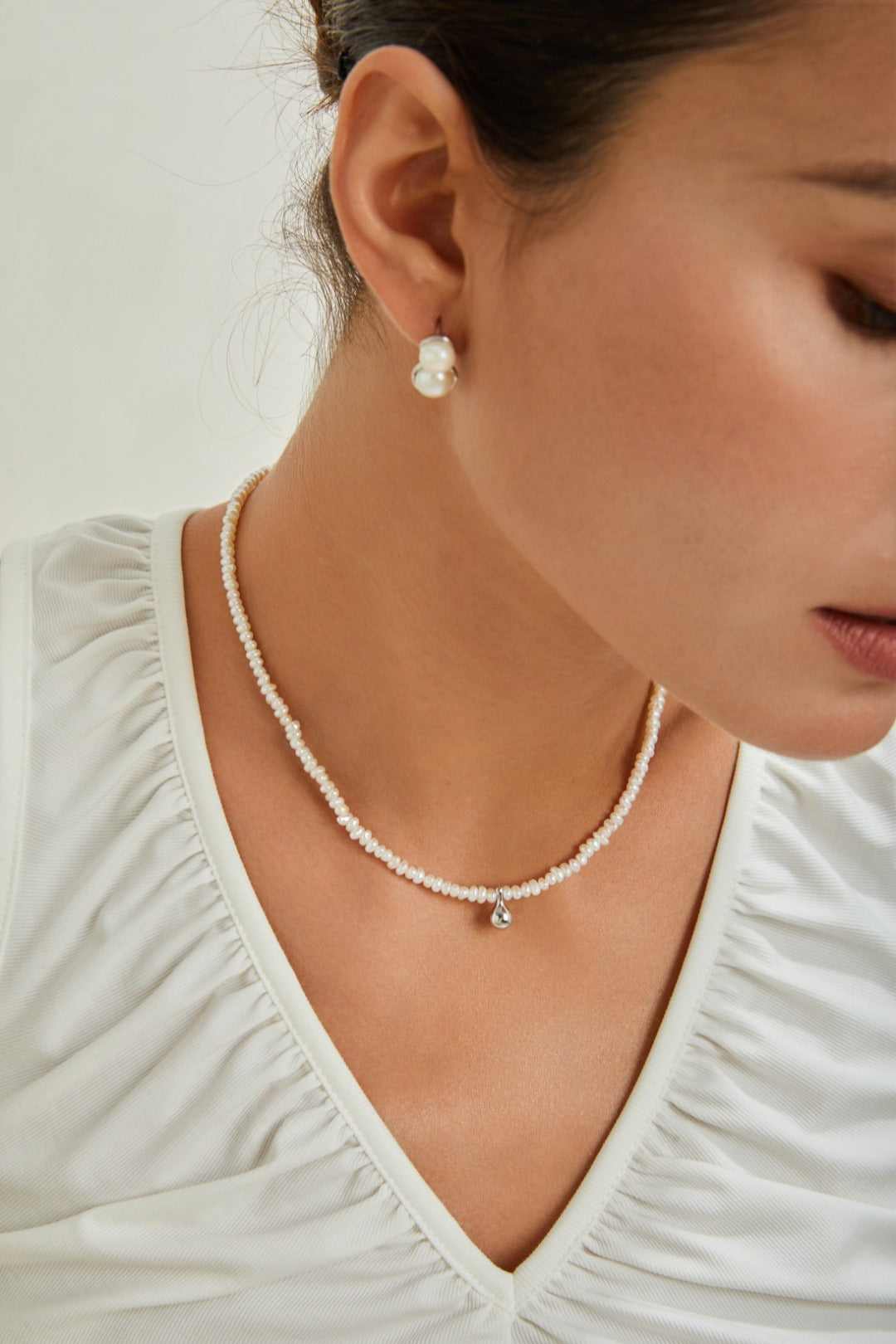 S925 Silver Droplet Pearl Necklace（Platinum）