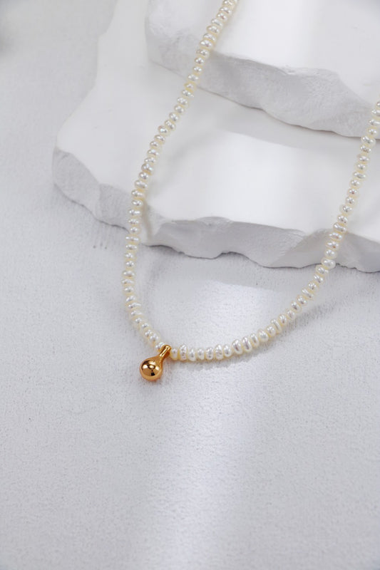 S925 Silver Droplet Pearl Necklace（Vintage Gold）