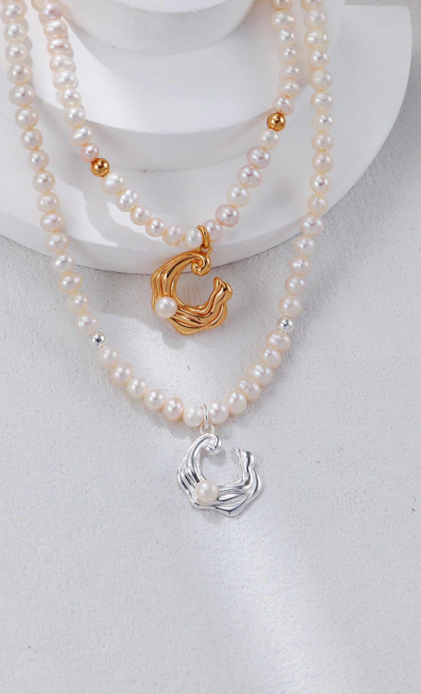 S925 Silver Wave Pearl Series Earrings/Bracelet/Necklace（2 colors）