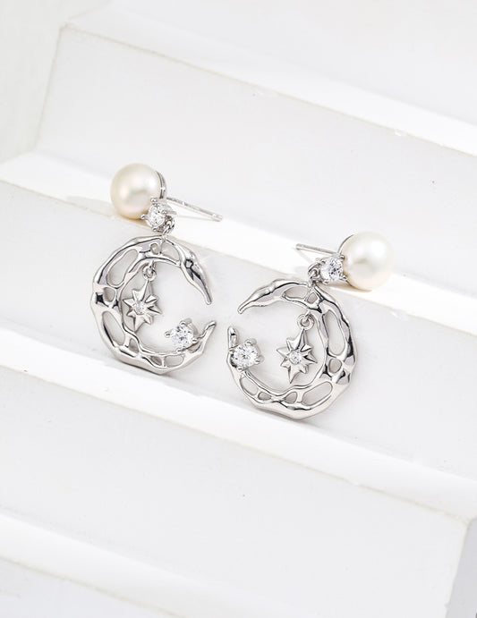 S925 Silver Design Natural Pearl Zircon Earrings（Platinum）