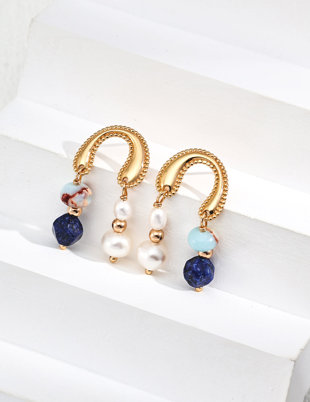 S925 Silver Simple Natural Pearl Lapis Lazuli Moutain Stone Earrings