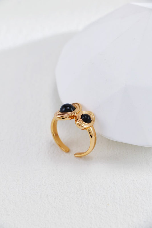 S925 Silver Vintage Gold Black Onyx Ring