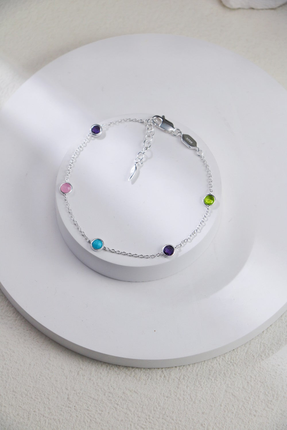 S925 Silver Round Diamond Cut Edge Colored Stone Bracelet（2 colors）