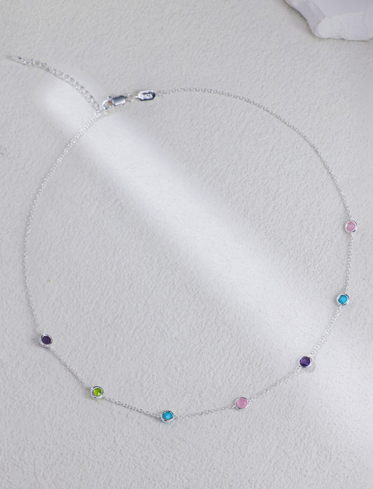 S925 Silver Round Diamond Cut Edge Colored Stone Necklace （Silver）